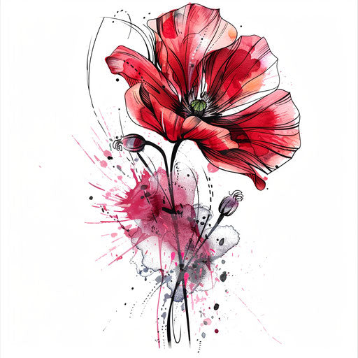 Modern poppy tattoo design with abstract elements and color splashes on white backdrop