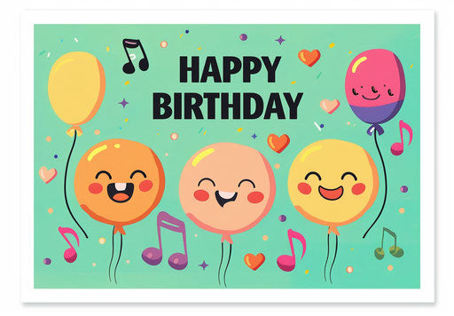 Happy birthday greeting card with smiling emojis, balloons and music notes