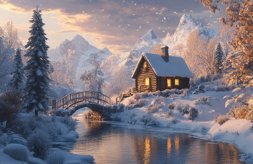 Winter cabin in snowy mountains with bridge over peaceful lake