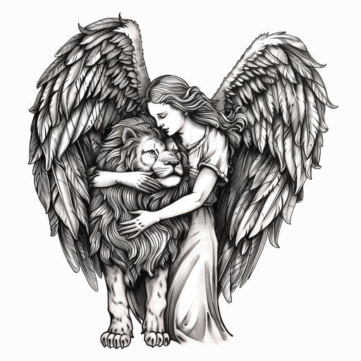 Guardian angel with lion, courage and protection, tattoo concept