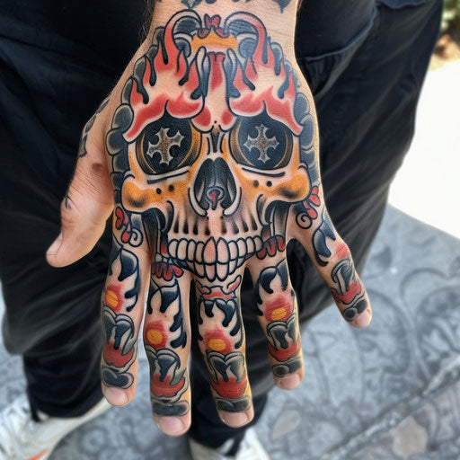 Hand tattoo for men with traditional skulls and flames