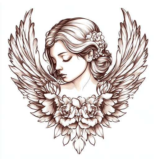 Flat vintage angel neck tattoo sketch with sepia tones