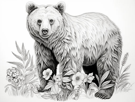 Drawing of a bear on a white background, black and white style