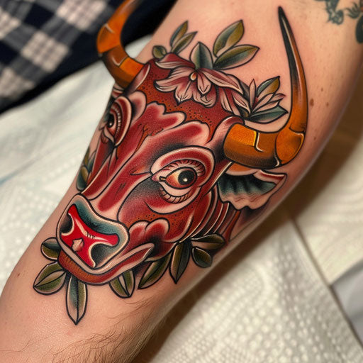 Neo-traditional bull tattoo illustration