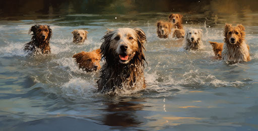 Swimming, dog, dogs, swimming, dogs swimming, in the style of wet-on-wet blending, soft-edged, duckcore, soggy, somber 39:20