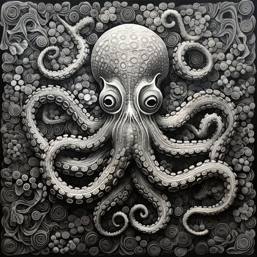 Octopus in black and white, intricate patterns and balanced symmetry