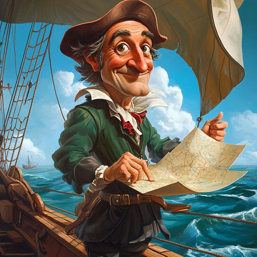 Humorous caricature of Christopher Columbus on the deck