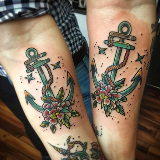Matching best friend tattoos in the style of Sailor Jerry featuring matching anchors