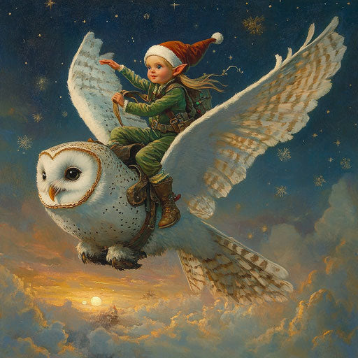 Elf riding snow owl in twilight sky delivering Christmas dreams