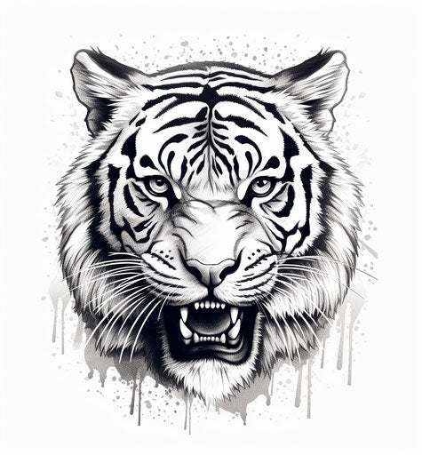 Black and white illustration of a tiger head, screen printing style, realistic details