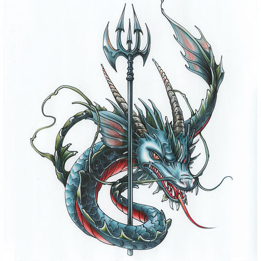 Mythical sea dragon coiled around a trident, blending fantasy and ocean themes, tattoo design