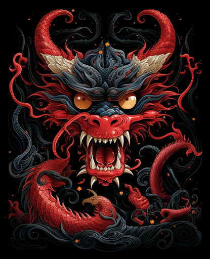 Red dragon on black background, in the style of Tooth Wu