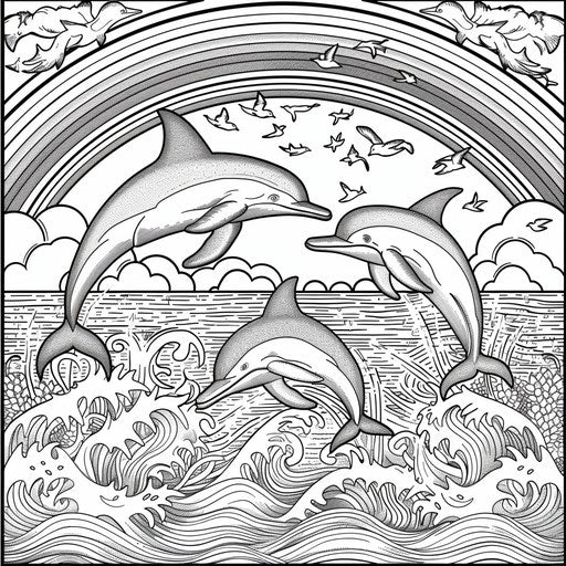 Rainbow over ocean with dolphins leaping. Coloring book page
