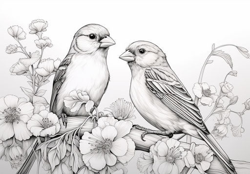 Two goldfinches on flower leaves