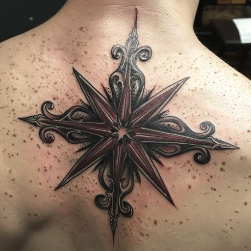 Gothic nautical star tattoo with deep black and dark red shades