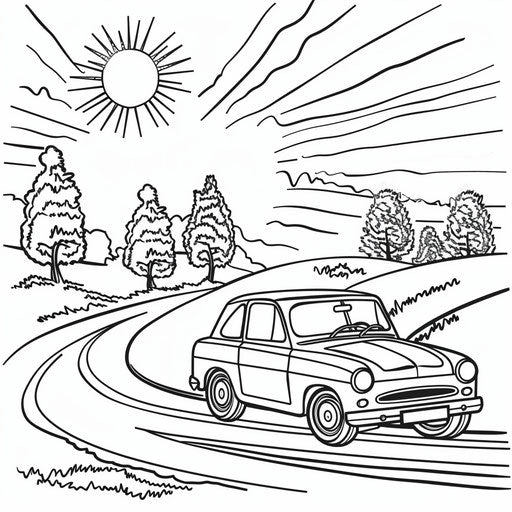 Car traveling down a road with trees and the sun