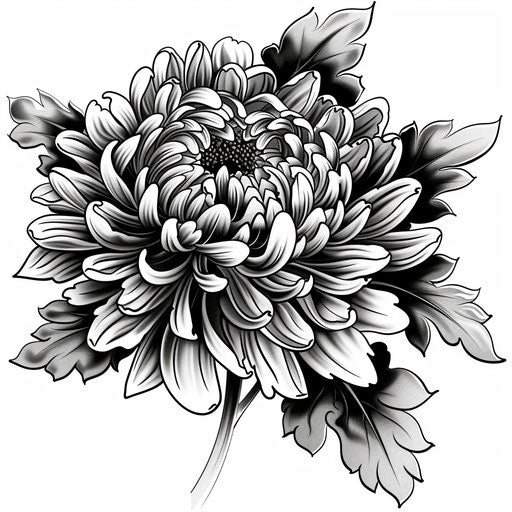 Artistic tattoo design of a detailed black and white chrysanthemum on pure white background