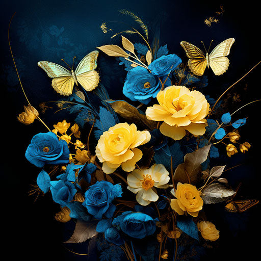 Flowers and butterflies in atmospheric blues, dark yellow