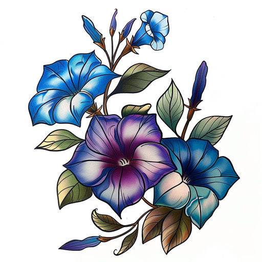 Vibrant, flat tattoo sketch of morning glory flowers