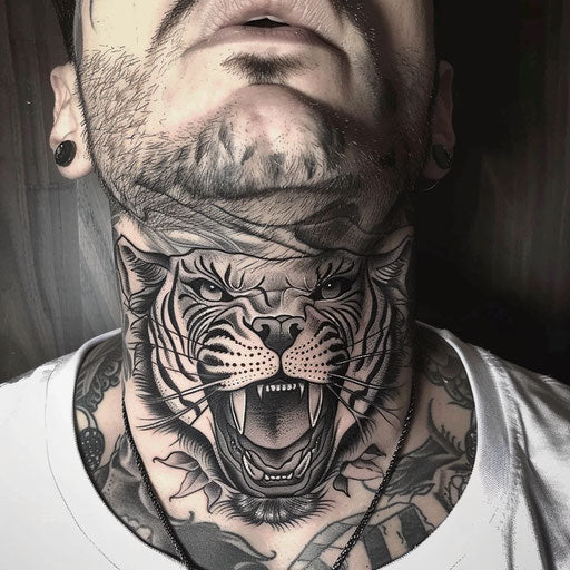 Men's neck tattoo with fierce animal designs, in the style of Ami James