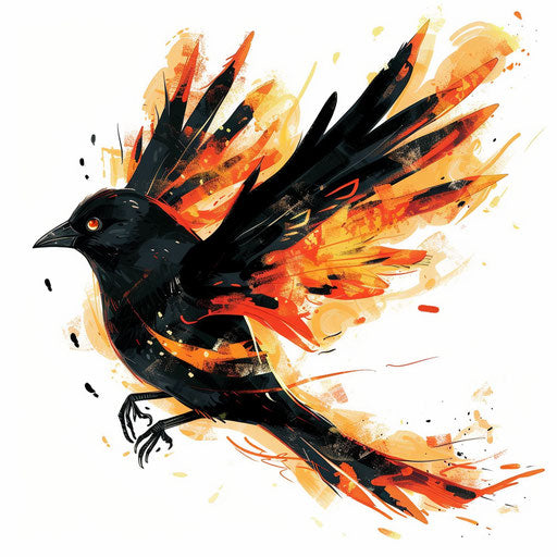 Flat clipart-style drawing of a blackbird with orange and yellow flames, highlighting motion and energy