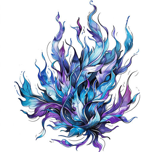Blue and purple flames on white background