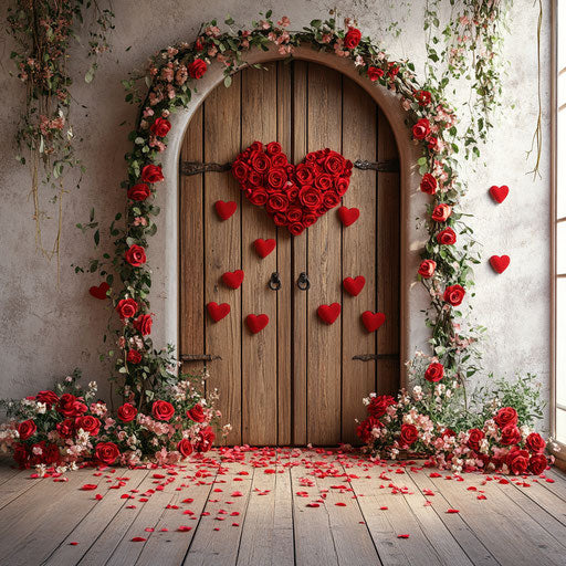 Valentine's Day scene with wooden door adorned with heart-shaped roses and petals, flowers on the ground, and an arched window.
