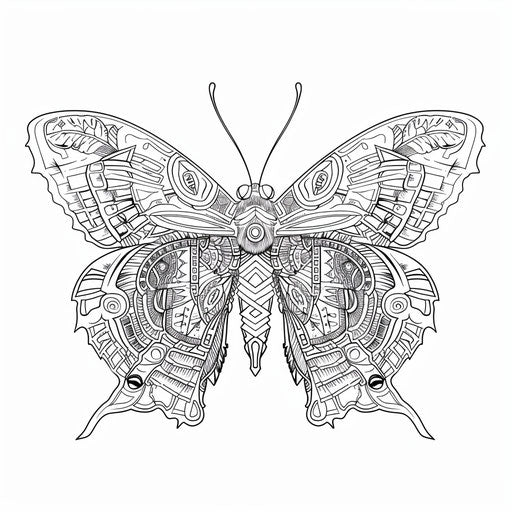Butterfly with Aztec-inspired designs. Coloring book page