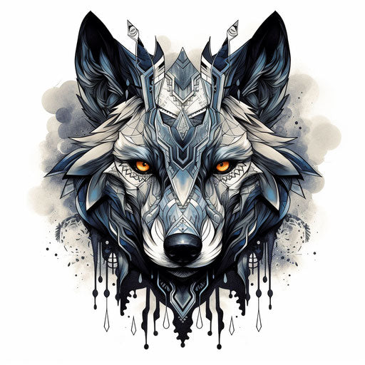Beautiful black and white wolf head in tribal style