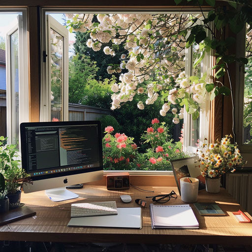 Tidy workspace with computer and view of a blooming garden