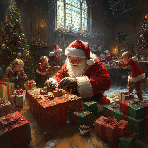 Santa's workshop with toys and gifts, busy crafting elves