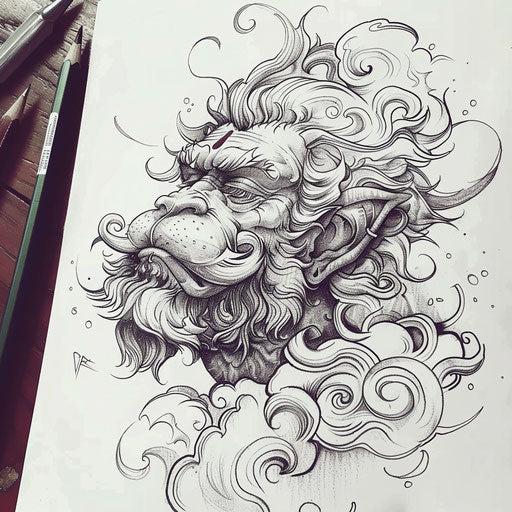 Stylized flat tattoo sketch of Hanuman with wind-blown hair and dramatic clouds