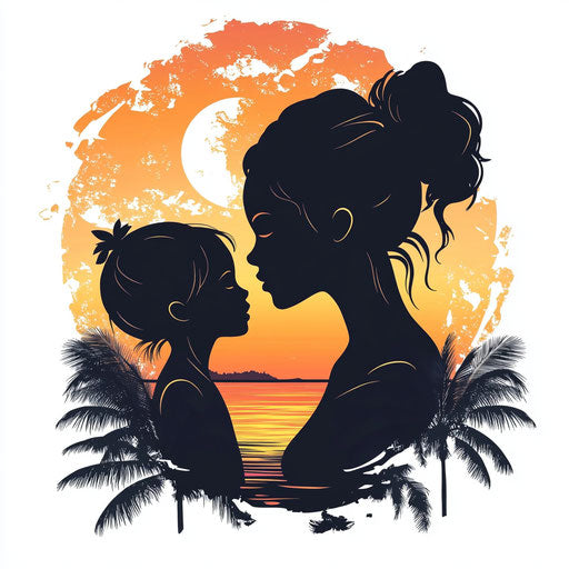Mother and daughter silhouette tattoo with sunset