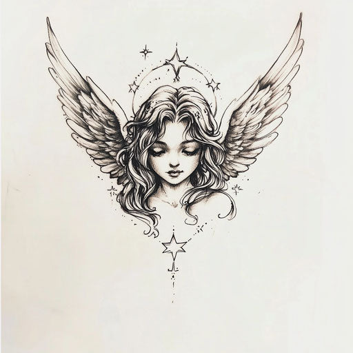 Lovely angel neck tattoo with halo and stars sketch