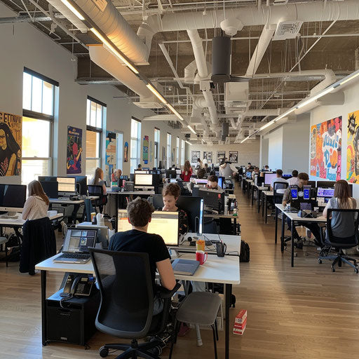 Dynamic sales room with open desks and motivational posters