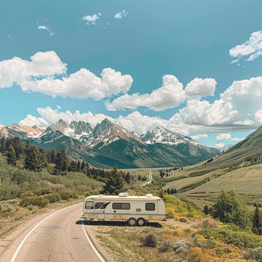 Modern RV traveling on road in rocky mountains
