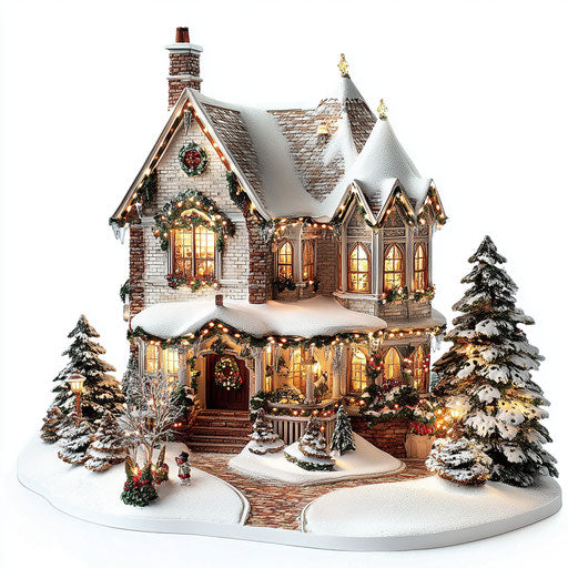 Stylish Christmas house with lights and decorations on white background