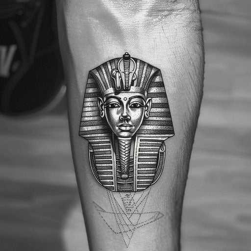Elegant flat tattoo sketch of a pharaoh with intricate hieroglyphic details