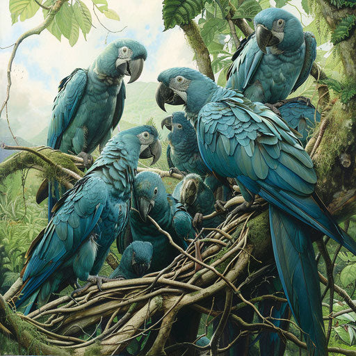 Family of Spix's macaws gathered in a treetop