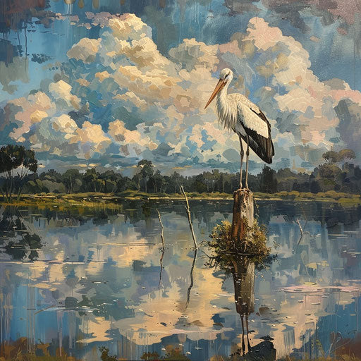 Wood stork on one leg on a tree stump