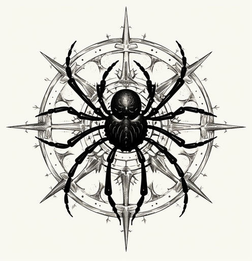 Black and white spider tattoo with various designs