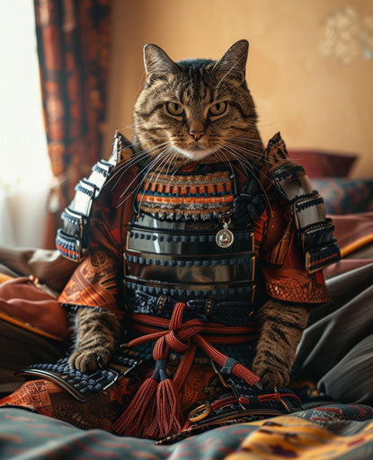 Cat in samurai costume sitting on a bed