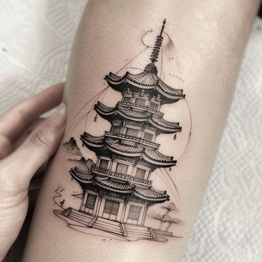 Blackwork tattoo with Korean architectural elements