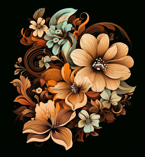 Brown flowers, tattoo-inspired, detailed, Indian scenes, multilayered realism