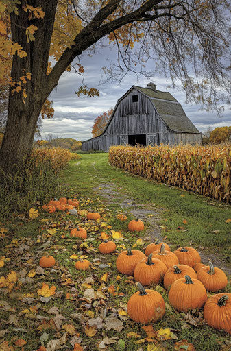 Rustic autumnal scene with pumpkins and old barn
