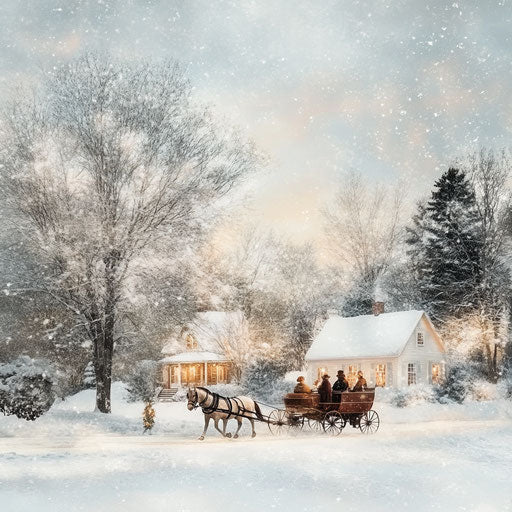 Winter carriage with snowy cottage and pastel trees