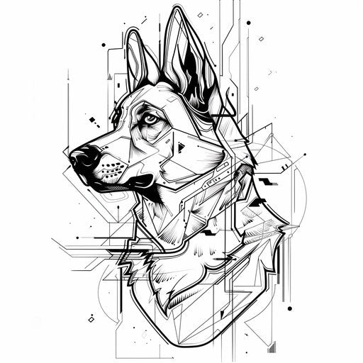Futuristic cyber-inspired German Shepherd dog outline tattoo sketch