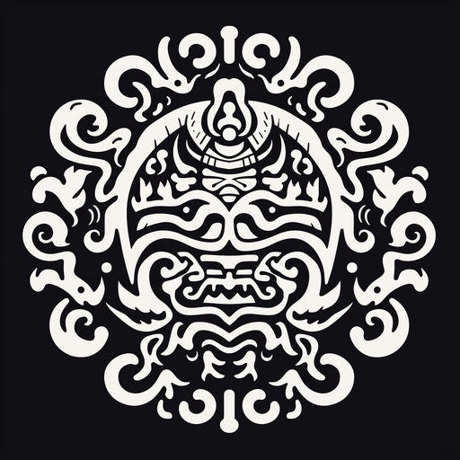 Black and white tribal tattoo, Cambodian art style, terracotta medallions