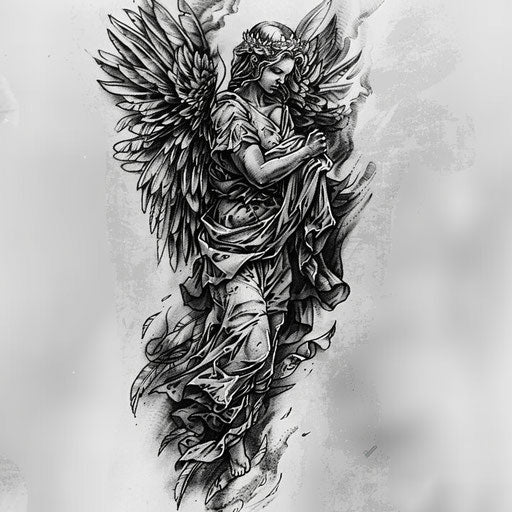 Realistic black and grey guardian angel tattoo design