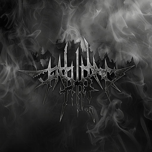 Heavy metal band logo with sharp, aggressive fonts on a dark smokey background